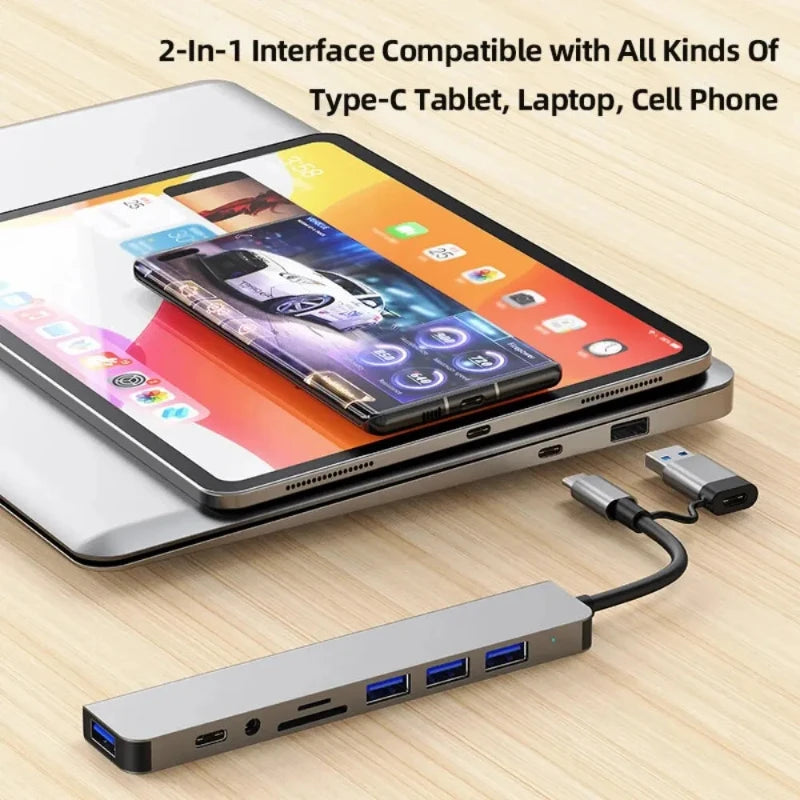 Hocozy - Multifunctional USB C Hub with Dual Head Design - Multifunctional USB C Hub with Dual Head Design for Laptops, MacBook, PC, HDMI, Ethernet, USB Ports, Fast Data Transfer, Compact Design.