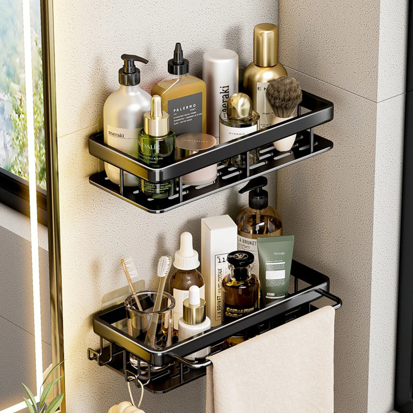 Hocozy - Aluminum Bathroom Shelf (no drill) - Wall Mounted Storage Organizer Space Saver Bathroom Accessories Shower Shelf Rustproof Modern Design Easy Installation