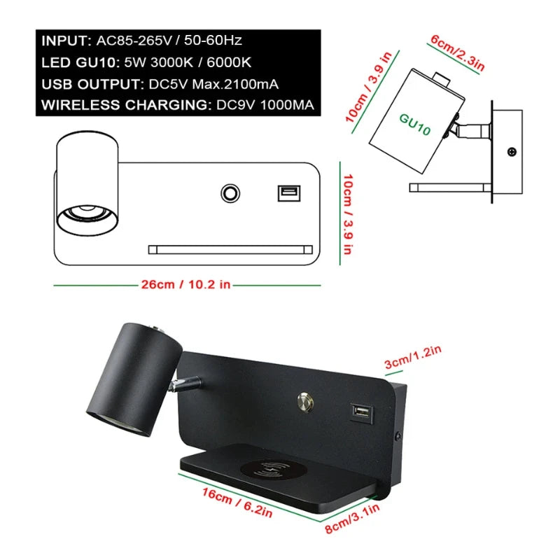 Hocozy - Bedside LED Wall Light with Phone Charging - light accessoires lamp led modern sensor solar decor waterproof wireless wall