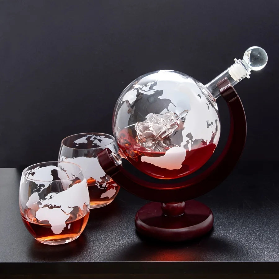 Hocozy - Creative Globe Decanter Set with 2 Whiskey Glasses - Creative Globe Decanter Set Whiskey Glasses Barware Unique Gift Home Bar Decor Whiskey Decanter Set Premium Quality Crystal Glasses Decorative Drinkware Elegant Design Gift for Him