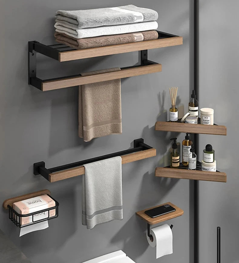 Hocozy - Black Wood Bathroom Accessories Set - bathroom toilet rack holder shelf hardware organizer accessories