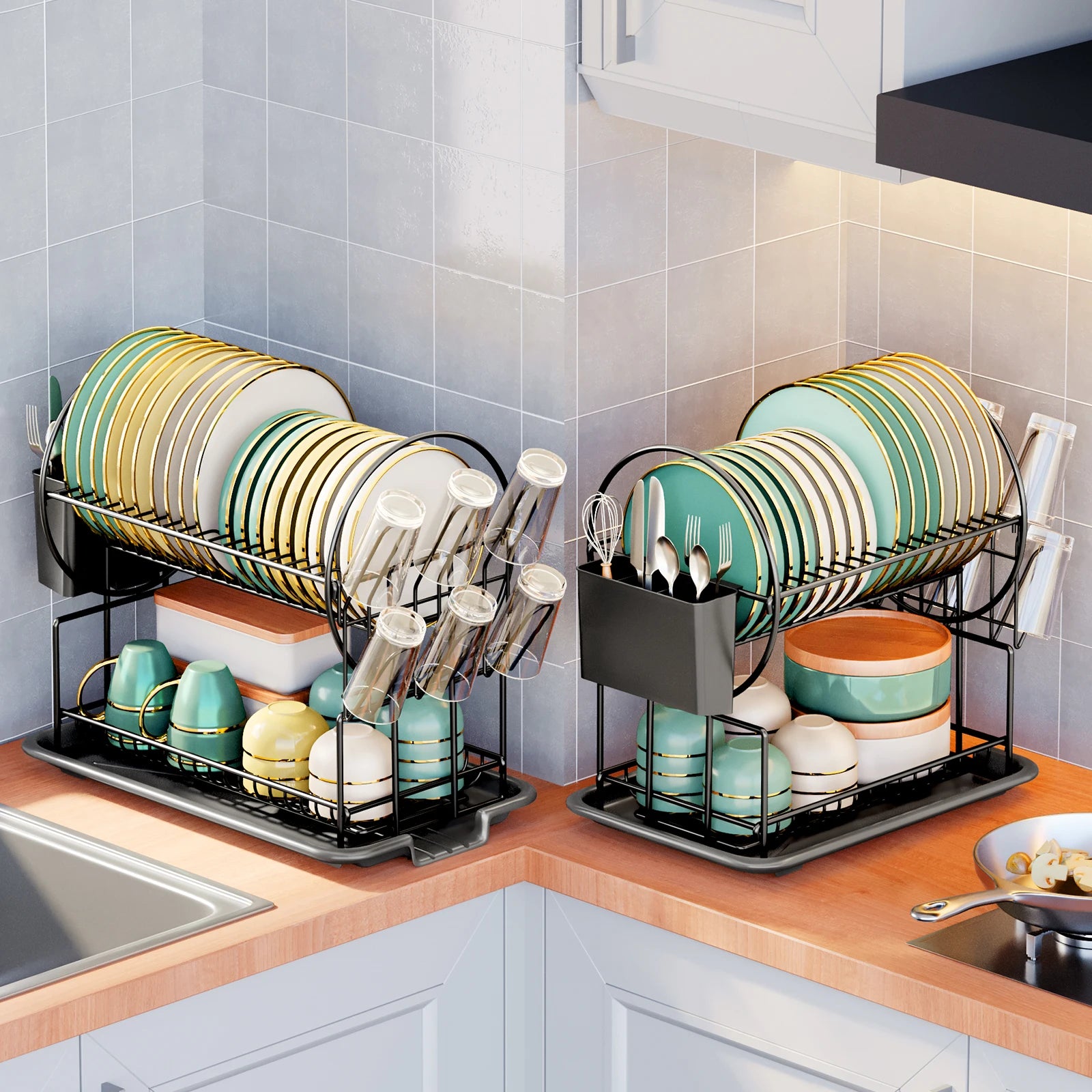 Hocozy - Black 2-Tier Metal Dish Drying Rack - kitchen Storage organizer drawer dish rack drying cabinet pot pan holder